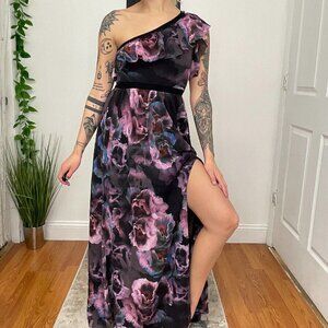 Fuzzi Tulle Floral Ruffle One Shoulder Maxi Dress Size XS Purple/Black